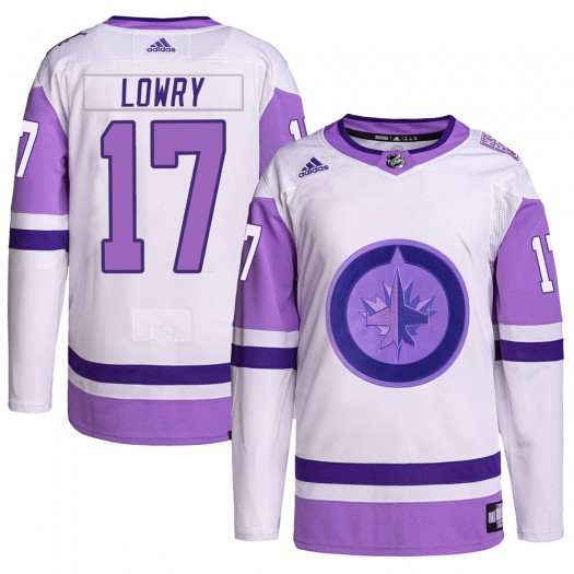 Adam Lowry Winnipeg Jets Men's Adidas Authentic White/Purple Hockey Fights Cancer Primegreen Jersey
