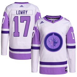 Adam Lowry Winnipeg Jets Youth Adidas Authentic White/Purple Hockey Fights Cancer Primegreen Jersey
