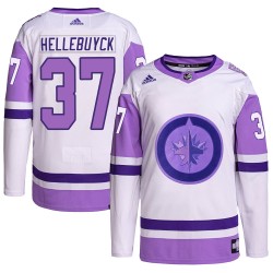 Connor Hellebuyck Winnipeg Jets Youth Adidas Authentic White/Purple Hockey Fights Cancer Primegreen Jersey