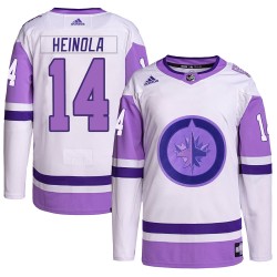 Ville Heinola Winnipeg Jets Men's Adidas Authentic White/Purple Hockey Fights Cancer Primegreen Jersey